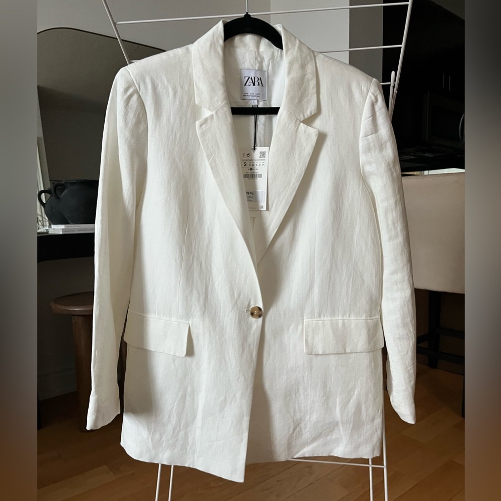 Zara Women's White Linen Fitted Blazer